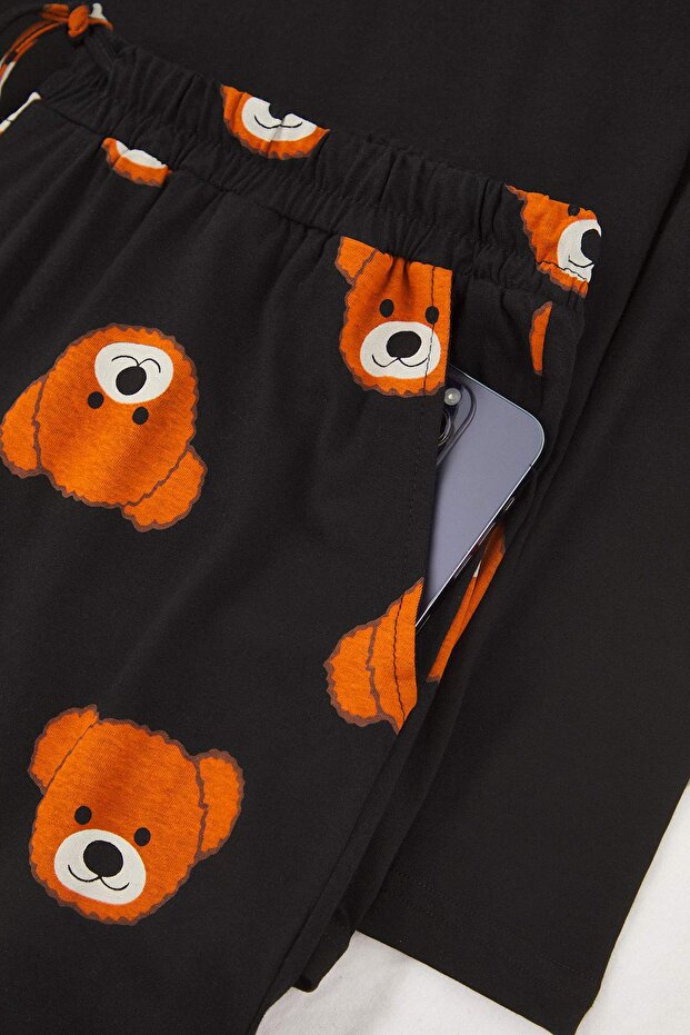 Siyah Regular Kesim Ayıcık Baskılı Büyük Beden Örme Pijama Takımı TMNAW26AI00001 - 2