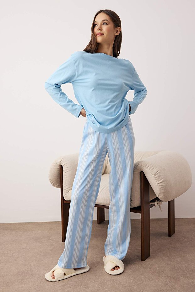 Mavi Pamuklu Çizgili Örme Pijama Takımı THMAW25PT00188 - 2