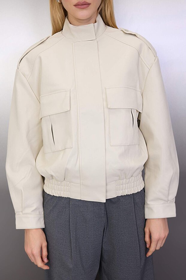 Ekru Oversize Kalıp Suni Deri Bomber İnce Ceket Mont TWOAW26MO00001 - 4
