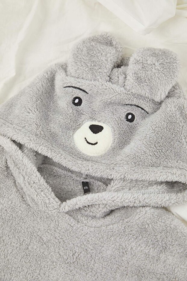 Gri Kapüşonlu ve Nakışlı Wellsoft Kışlık Örme Pijama Takımı TBBAW26AI00008 - 4