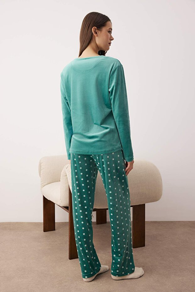 Yeşil Kar Tanesi Desenli Penguen Nakışlı Örme Pijama Takımı THMAW26PT00194 - 4