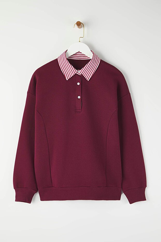 Bordo Dokuma Garni Detaylı Oversize Kalıp Polo Yaka Kalın içi Polarlı Örme Sweatshirt TWOAW26SW00116 - 5