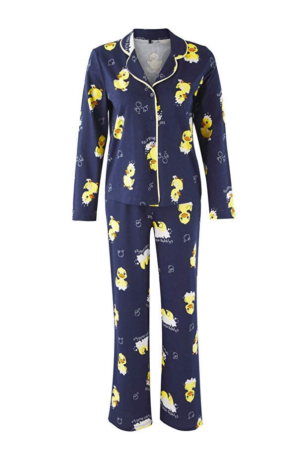 Teen Lacivert %100 Pamuklu Ördek Desenli Biyeli Örme Pijama Takımı THMAW26PT00117 - 5