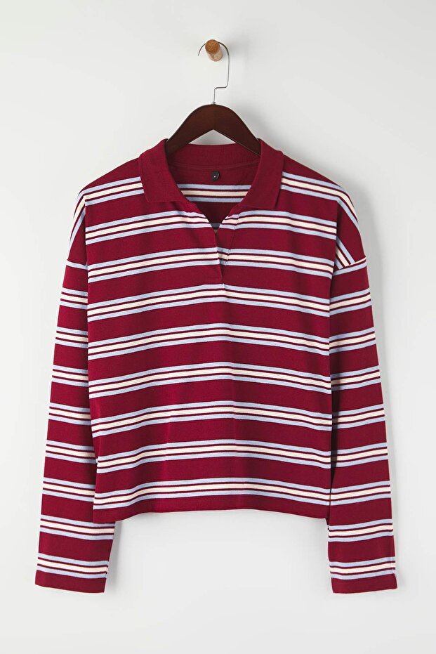 Bordo Çizgili Polo Yaka Oversize/Geniş Kalıp Örme T-Shirt TWOAW26TS00020 - 5