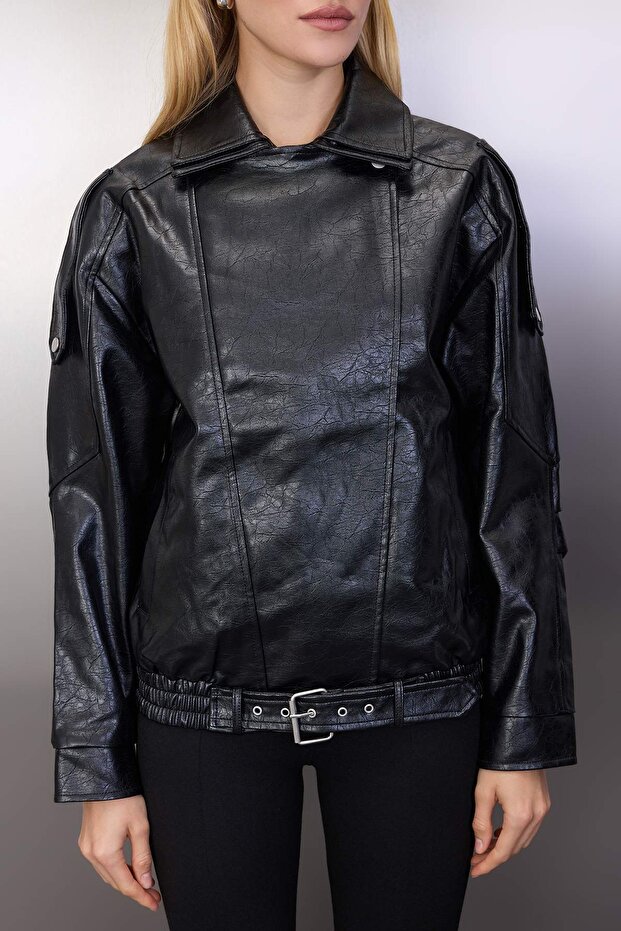 Siyah Regular Kalıp Suni Deri Parlak Biker İnce Ceket Mont TWOAW26MO00064 - 4