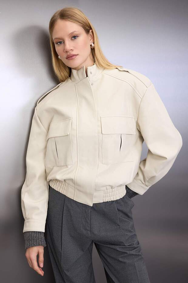 Ekru Oversize Kalıp Suni Deri Bomber İnce Ceket Mont TWOAW26MO00001 - 3