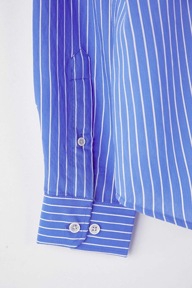 Mavi Slim Fit Çizgili Nakışlı Yumuşak Dokulu Erkek Gömlek TMNAW26GO00005 - 7
