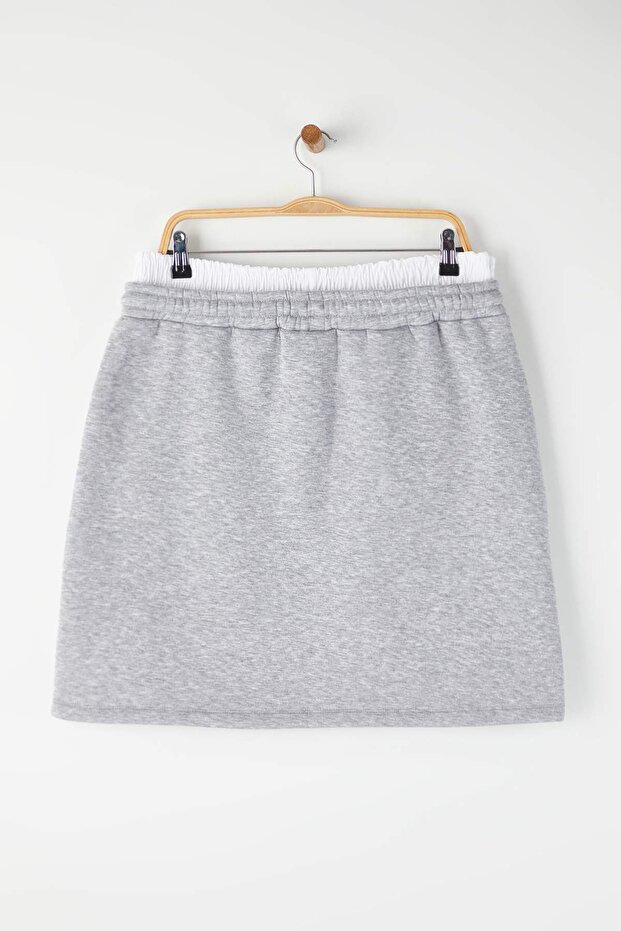 Gri Melanj Beli Poplin Detaylı Örme Mini Büyük Beden Etek TBBAW26AZ00022 - 8