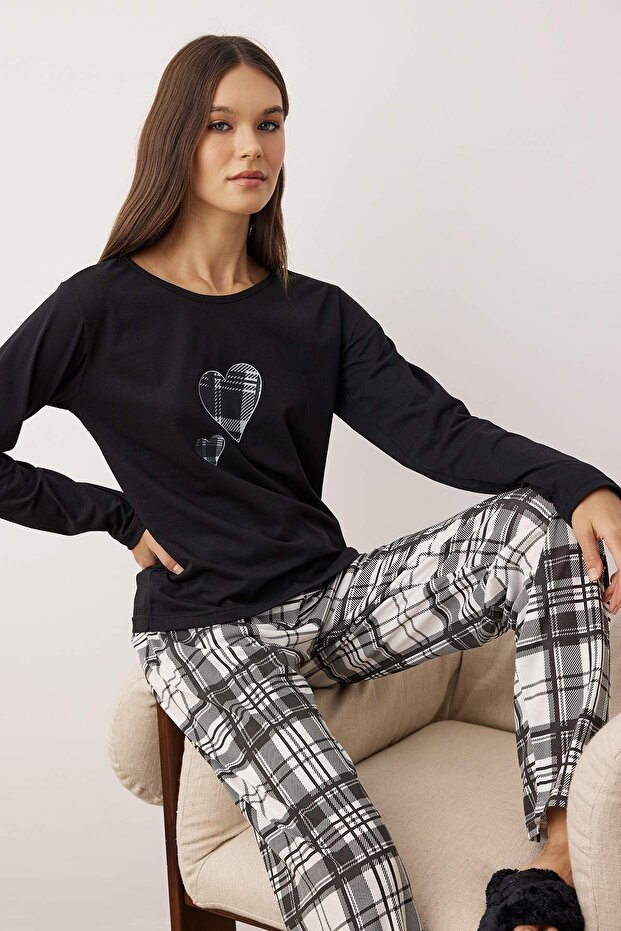 Siyah Pamuklu Kalpli Ekoseli Örme Pijama Takımı THMAW25PT00220 - 3