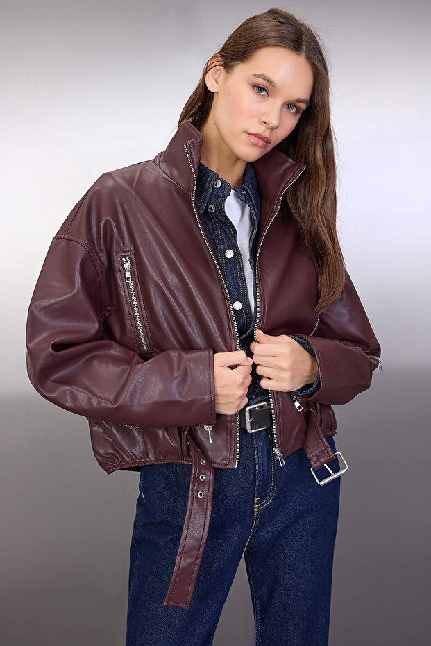 Kahverengi Oversize Kalıp Suni Deri Bomber İnce Ceket Mont TWOAW26MO00053 - 1