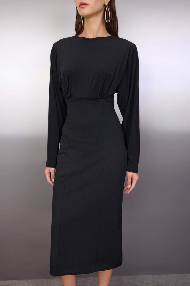 Siyah Düz Üstü Dökümlü Bodycon Midi Örme Elbise TWOAW26EL00200 - 3
