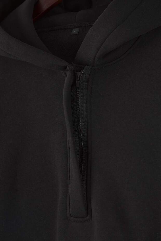 Siyah Kalın İçi Polarlı Yarım Pat Fermuarlı Oversize Kapüşonlu Örme Sweatshirt TWOAW26SW00060 - 6