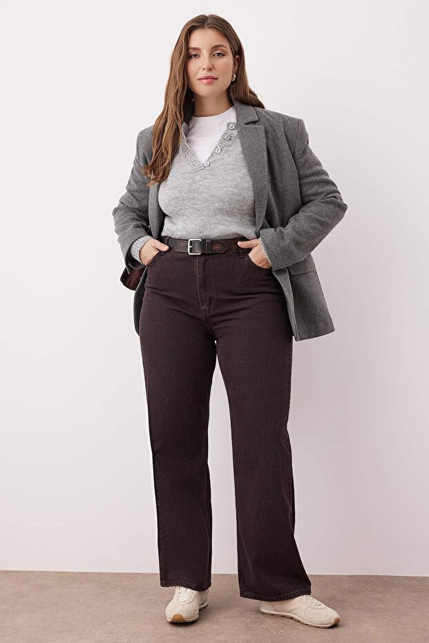 Kahverengi Yüksek Bel Straight Fit %100 Pamuk Non-Stretch Büyük Beden Jeans TBBSS22JE0211 - 3