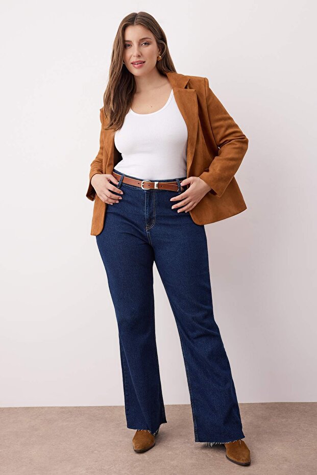 Koyu Mavi Yüksek Bel Paçası Kesikli Straight Fit Denim Büyük Beden Jeans TBBAW26CJ00033 - 2