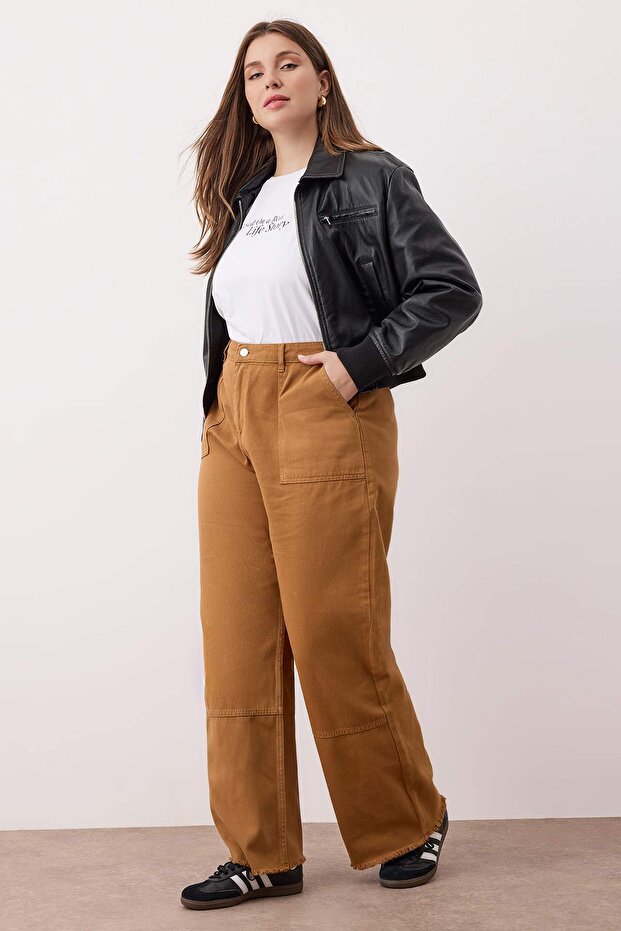 Hardal Yüksek Bel Geniş Paça Büyük Beden Wide Leg Jeans TBBAW25CJ00001 - 2
