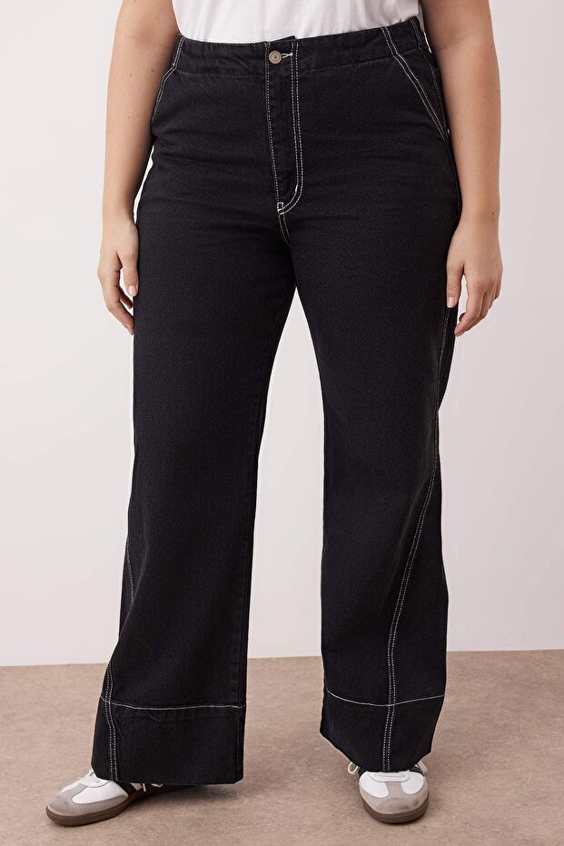 Antrasit Yüksek Bel Dikiş Detaylı Geniş Paça Büyük Beden Wide Leg Jeans TBBAW26CJ00017 - 3