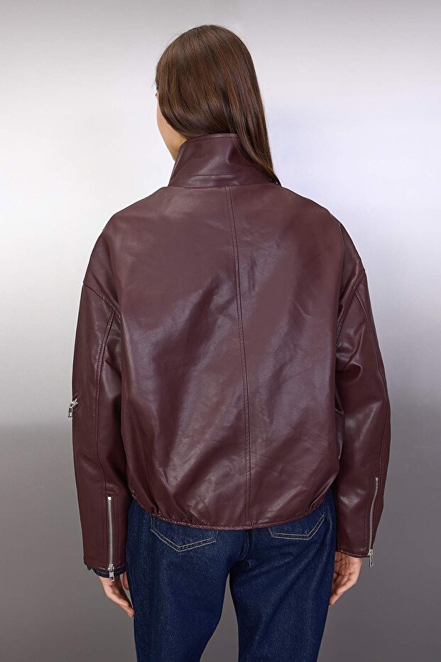 Kahverengi Oversize Kalıp Suni Deri Bomber İnce Ceket Mont TWOAW26MO00053 - 4