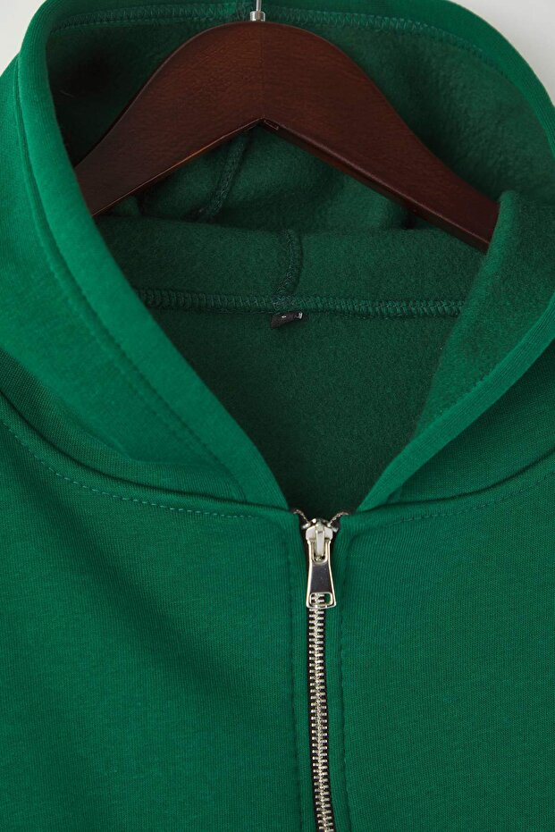 Zümrüt Yeşili Fermuarlı Kapüşonlu Belden Oturmalı Esnek Örme Sweatshirt TWOAW26SW00089 - 7