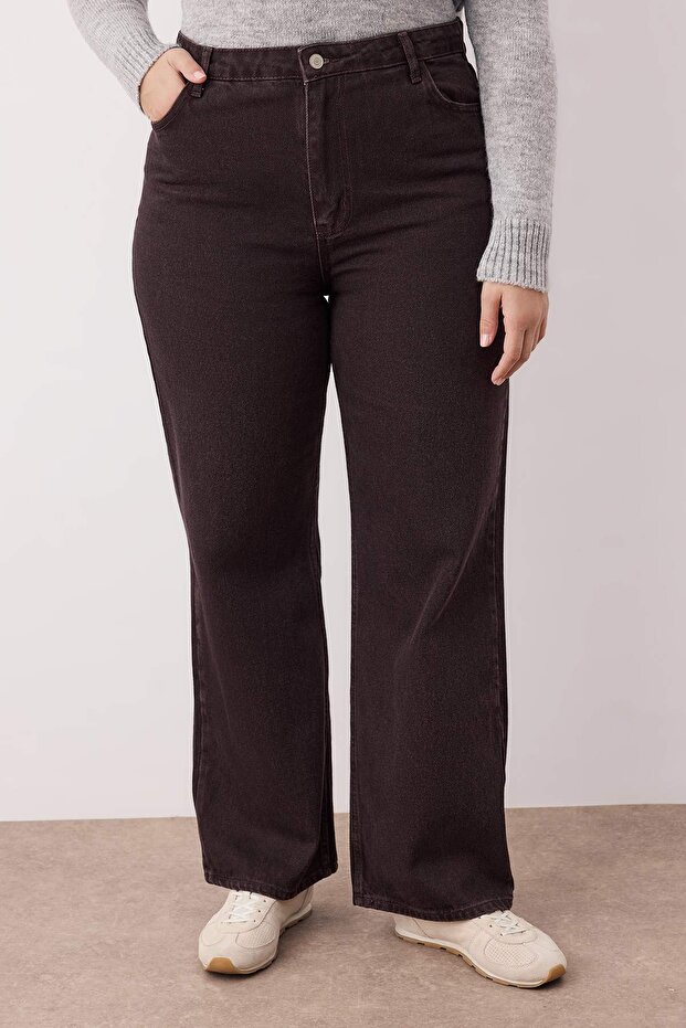 Kahverengi Yüksek Bel Straight Fit %100 Pamuk Non-Stretch Büyük Beden Jeans TBBSS22JE0211 - 5