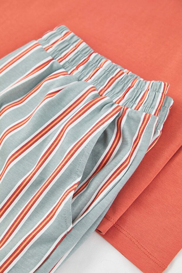 Kiremit Regular Çizgili Örme Pijama Takımı TMNAW26PT00056 - 2