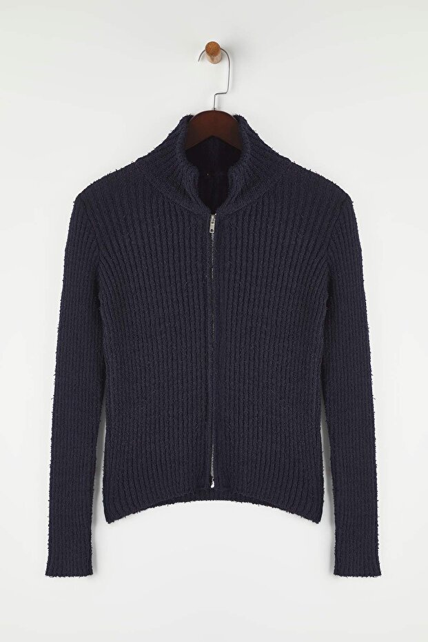 Wardrobe Essentials Lacivert Fermuarlı Dik Yaka Yumuşak Dokulu Pamuklu Triko Hırka TWOAW26HI00088 - 5