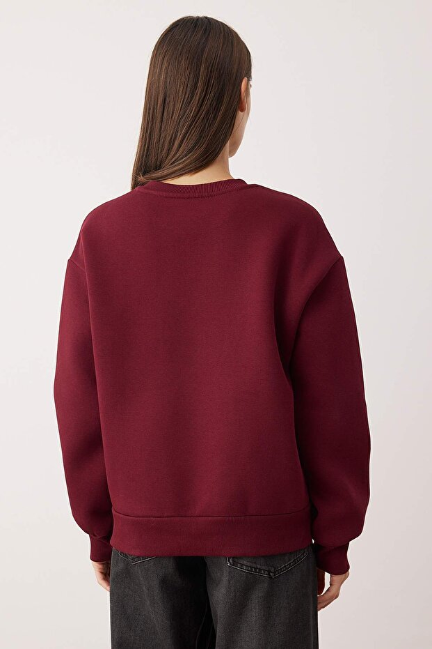 Bordo*001 Animal Nakışlı Regular/Normal Kalıp Kalın İçi Polarlı Örme Sweatshirt TWOAW24SW00196 - 4