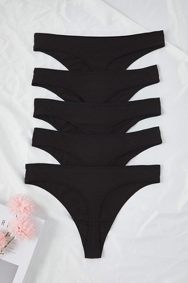 Fekete 5 csomagos pamut normál derekú tanga nagy méretű alsónadrág TBBSS25CM00012 - 1