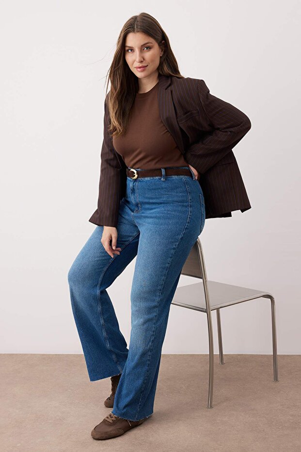 Mavi Yüksek Bel Paçası Kesikli Straight Fit Denim Büyük Beden Jeans TBBAW26CJ00033 - 2