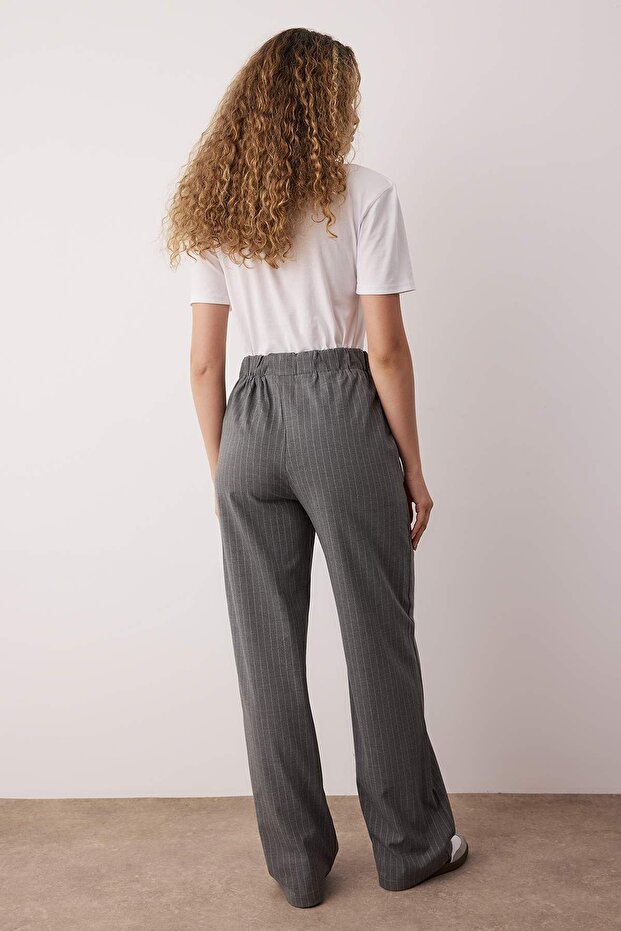 Antrasit Beli Lastikli Çizgili Geniş Paça Pantolon TWOAW26PL00131 - 5