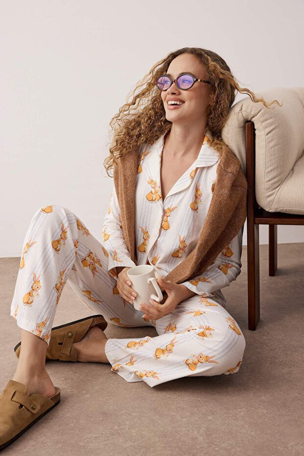 Çok Renkli %100 Pamuklu Çizgili Tavşan Desenli Örme Pijama Takımı THMAW25PT00193 - 2
