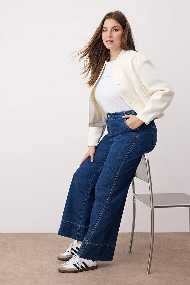 Mavi Yüksek Bel Dikiş Detaylı Geniş Paça Büyük Beden Wide Leg Jeans TBBAW26CJ00017 - 2