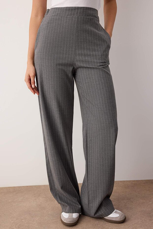 Antrasit Beli Lastikli Çizgili Geniş Paça Pantolon TWOAW26PL00131 - 4