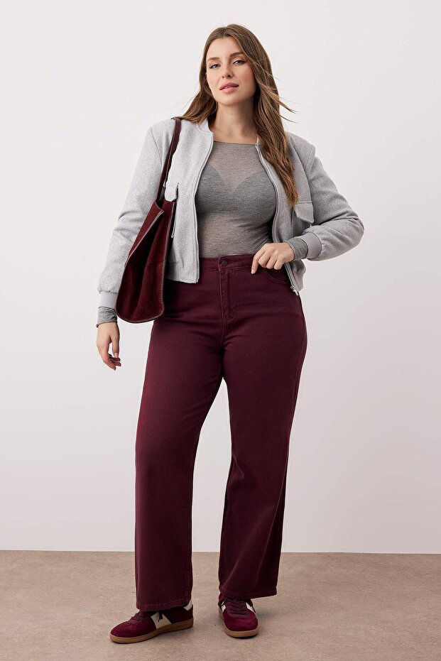 Bordo Yüksek Bel Straight Fit %100 Pamuk Non-Strerch Denim Büyük Beden Jeans TBBSS24CJ00050 - 1
