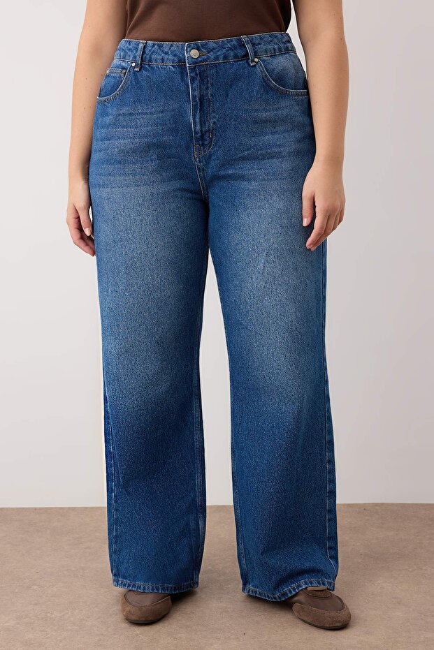 Koyu Mavi Yüksek Bel Beli Lastikli Geniş Paça Wide Leg Büyük Beden Jeans TBBAW26CJ00041 - 4
