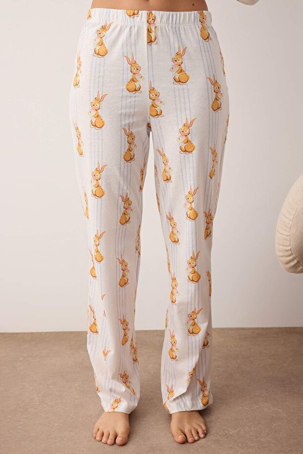 Çok Renkli %100 Pamuklu Çizgili Tavşan Desenli Örme Pijama Takımı THMAW25PT00193 - 3