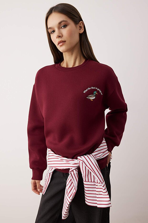 Bordo*001 Animal Nakışlı Regular/Normal Kalıp Kalın İçi Polarlı Örme Sweatshirt TWOAW24SW00196 - 2