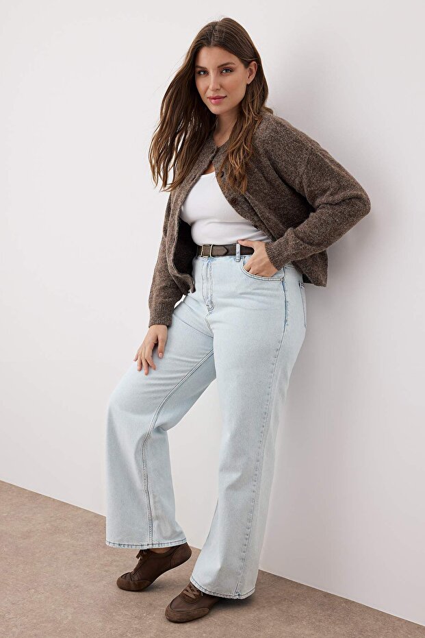 Buz Mavisi Yüksek Bel Geniş Paça Denim Büyük Beden Jeans TBBSS24CJ00028 - 2