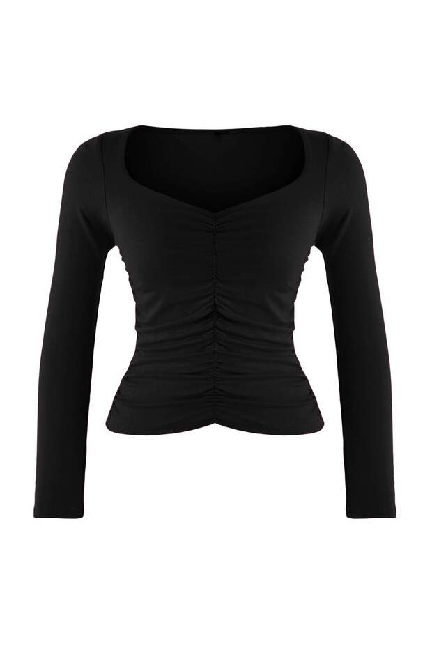 More Sustainable Siyah Fitted/Vücuda Oturan Büzgülü V Yaka Uzun Kollu Esnek Örme Bluz TWOAW26BZ00163 - 5