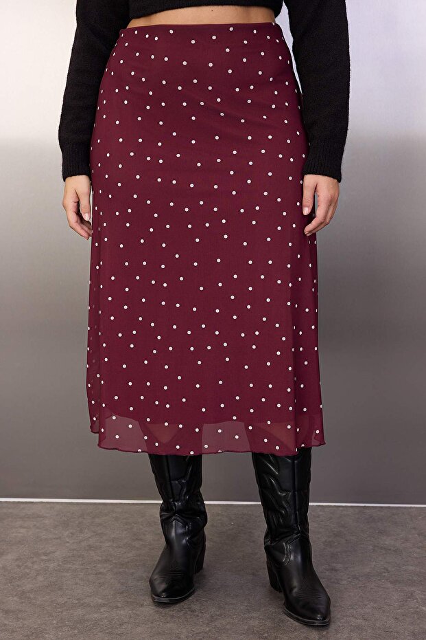 Bordo A- Line Puantiye Desenli Tül Örme Büyük Beden Etek TBBAW25AZ00006 - 3