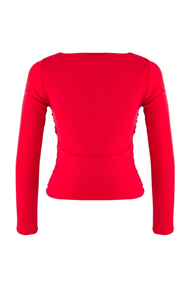 More Sustainable Kırmızı Fitted/Vücuda Oturan Büzgülü V Yaka Uzun Kol Esnek Örme Bluz TWOAW26BZ00163 - 6