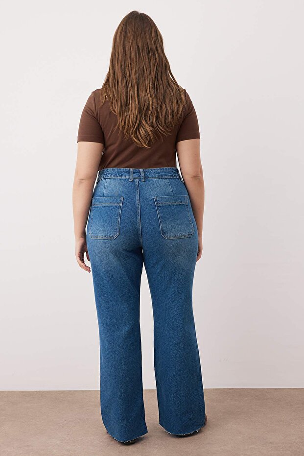 Mavi Yüksek Bel Paçası Kesikli Straight Fit Denim Büyük Beden Jeans TBBAW26CJ00033 - 4