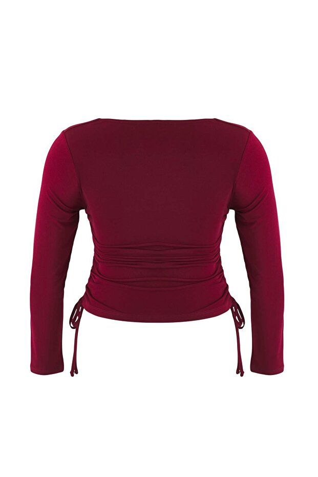 Bordo Kare Yaka Yanları Büzgülü Örme Büyük Beden Bluz TBBAW25AF00041 - 7