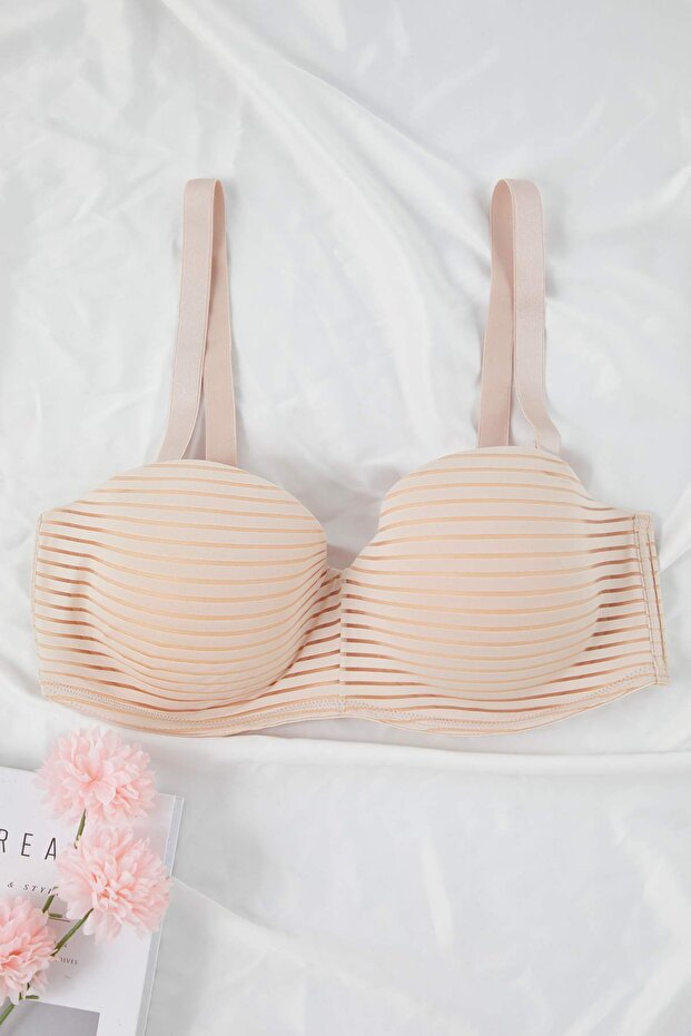 Ten Çizgili Kaplı Straplez Dolgusuz Çıkarılabilir Askılı Büyük Beden Sütyen TBBAW26CW00004 - 2