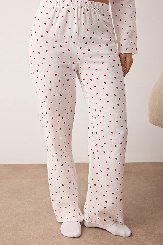 Ecru 100% pamut szív alakú muszlin szövetből szőtt pizsama szett THMAW26PT00110 - 3