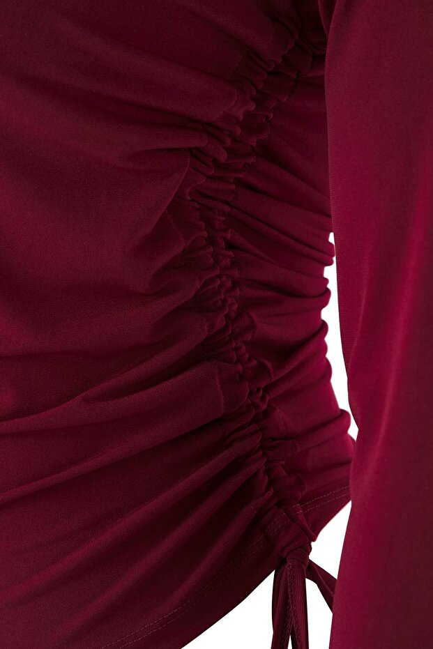 Bordo Kare Yaka Yanları Büzgülü Örme Büyük Beden Bluz TBBAW25AF00041 - 6
