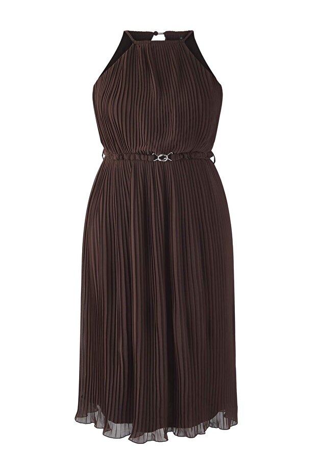 Kahverengi Bodycon Maxi Boy Şifon Dokuma Büyük Beden Elbise TBBSS25AH00252 - 5