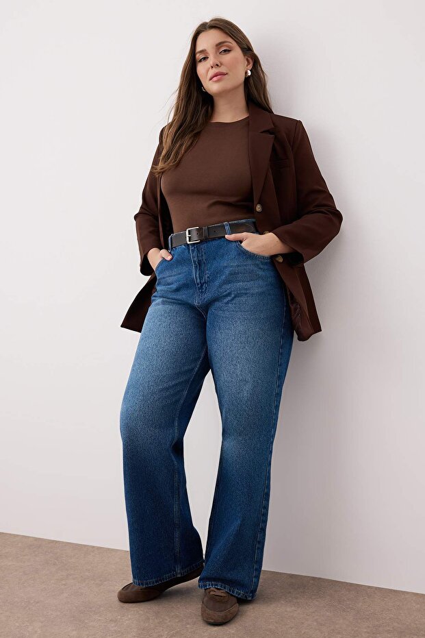 Koyu Mavi Yüksek Bel Beli Lastikli Geniş Paça Wide Leg Büyük Beden Jeans TBBAW26CJ00041 - 3