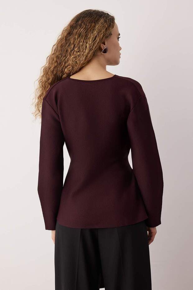 Bordo Kruvaze Bağlama Detaylı Triko Hırka TWOAW26HI00241 - 4