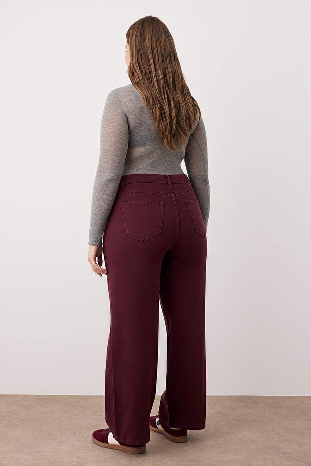 Bordo Yüksek Bel Straight Fit %100 Pamuk Non-Strerch Denim Büyük Beden Jeans TBBSS24CJ00050 - 4