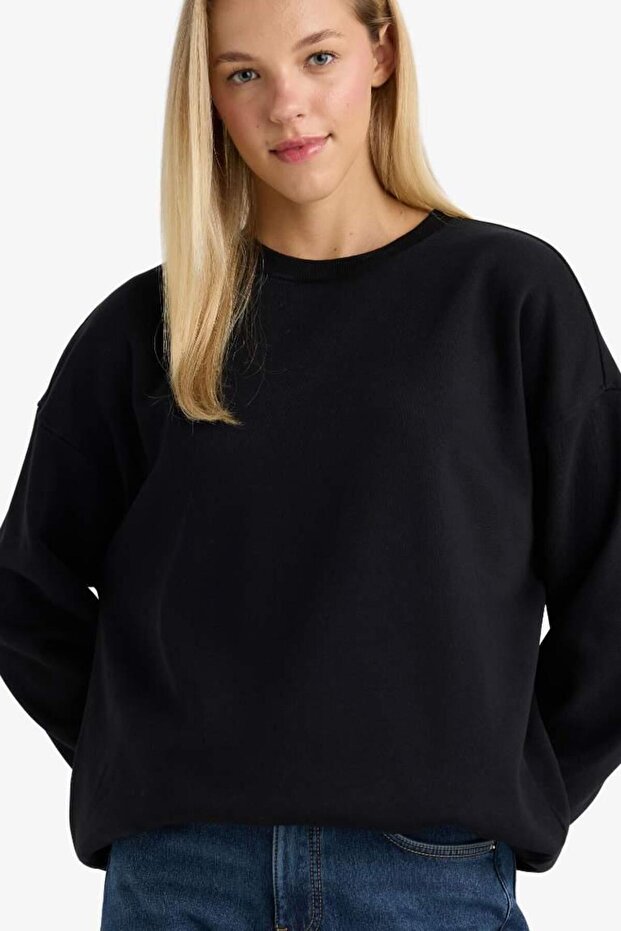 Oversize Geniş Kalıp Bisiklet Yaka Basic Düz Kalın Sweatshirt (25 WN) - 1